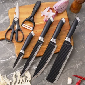 Kit facas de cozinha/Churrasco Profissional Antiaderente 6 Peças Preto/colorido