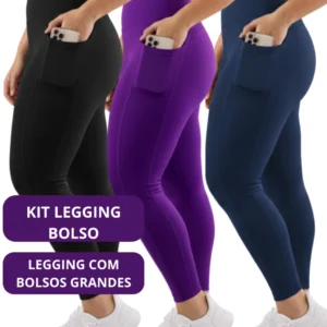 Kit 3 Calça Legging Feminina com Bolso Lateral Fitness Cós alto Esportiva ideal guardar objetos
