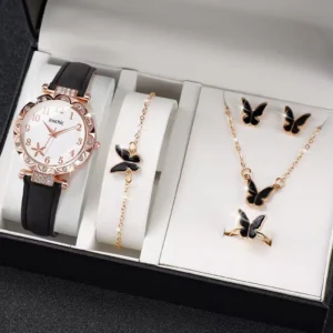 Elegante Senhora Borboleta Coração Jóias E Relógio De Couro Com Pulso De Quartzo Para Mulheres Adequado Presentear