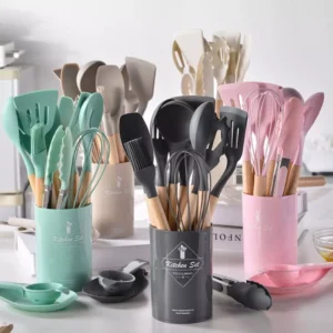 Kit de Utensílios para Cozinha em Silicone e Bambu 12 Peças - Não Riscam as Panelas